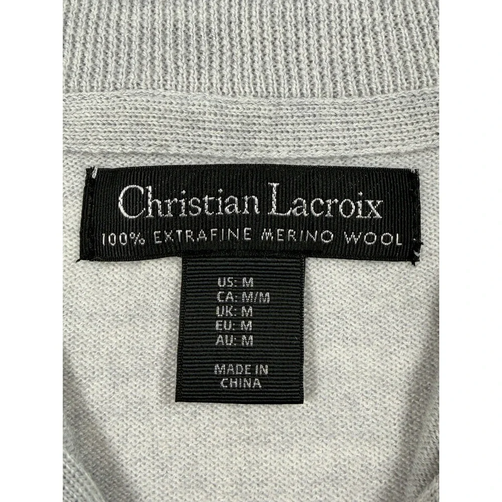 Christian Lacroix Sweater Mens Medium Gray 100% Extra Fine Merino Wool 1/4 Zip